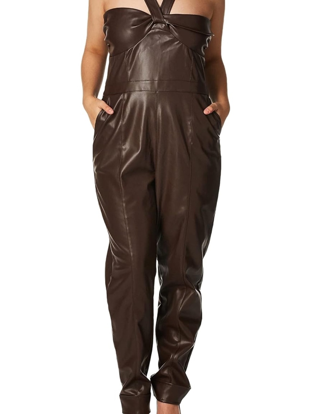Kendall & Kylie Twist Bandeau Faux Leather Jumpsuit in Brown - Picture 1 of 9